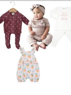 Spearmint Love Kimono Set, Kyte Bamboo Overalls, Oh Baby! Set, Angel Dear Romper